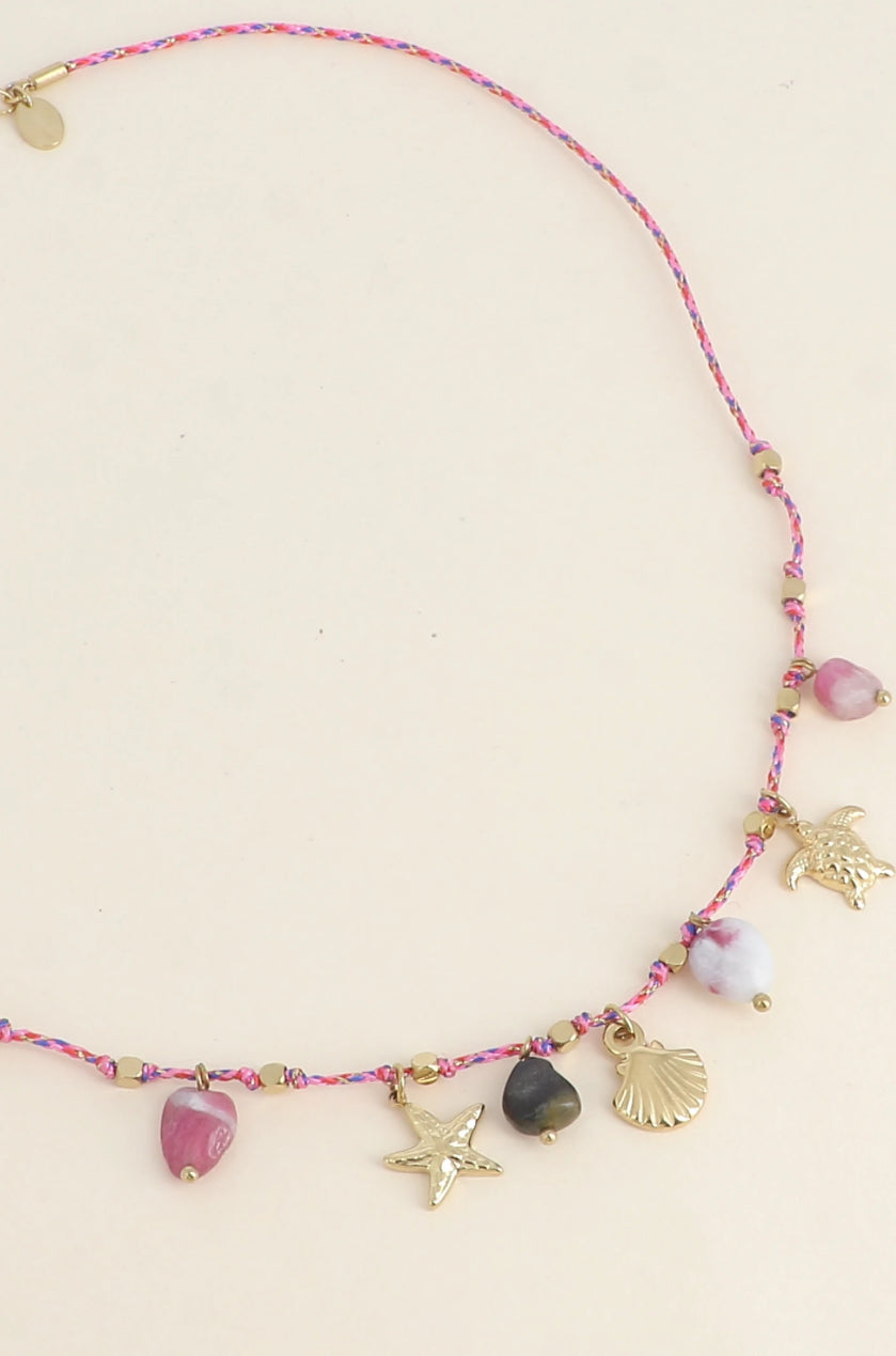 Collier cordon coquillage et pierres rose