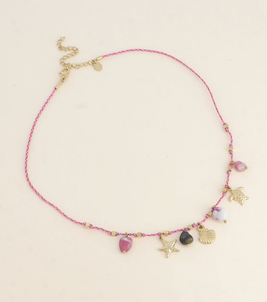 Collier cordon coquillage et pierres rose