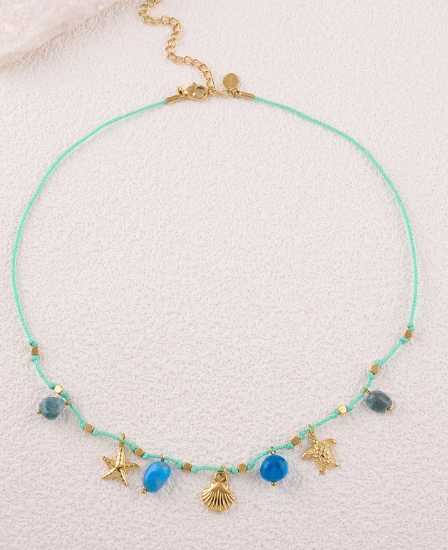 Collier cordon marin et coquillage turquoise