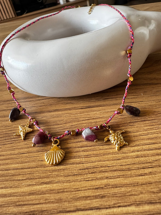 Collier cordon coquillage et pierres rose